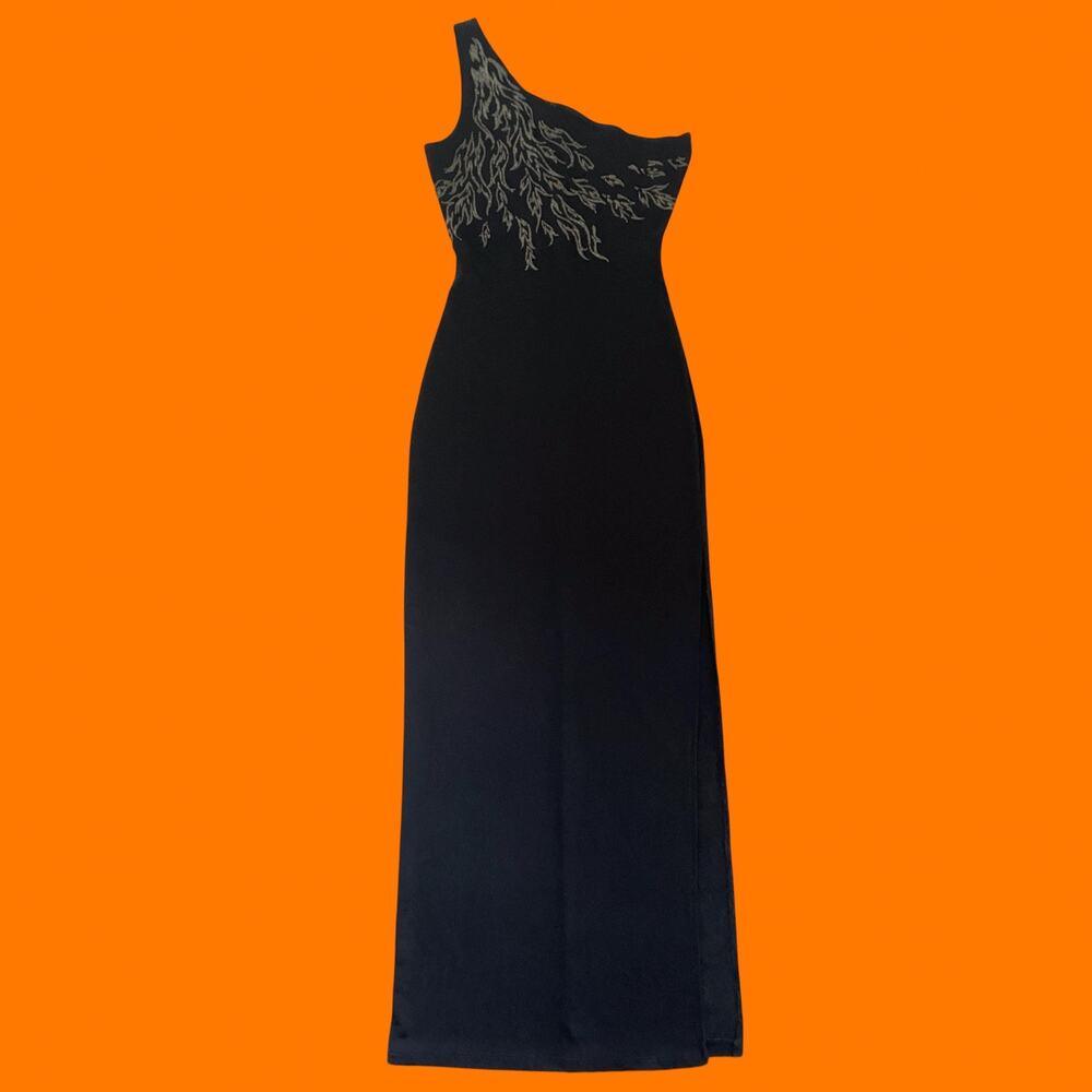 90's vintage glittery flame one shoulder bodycon maxi dress S/M per seption